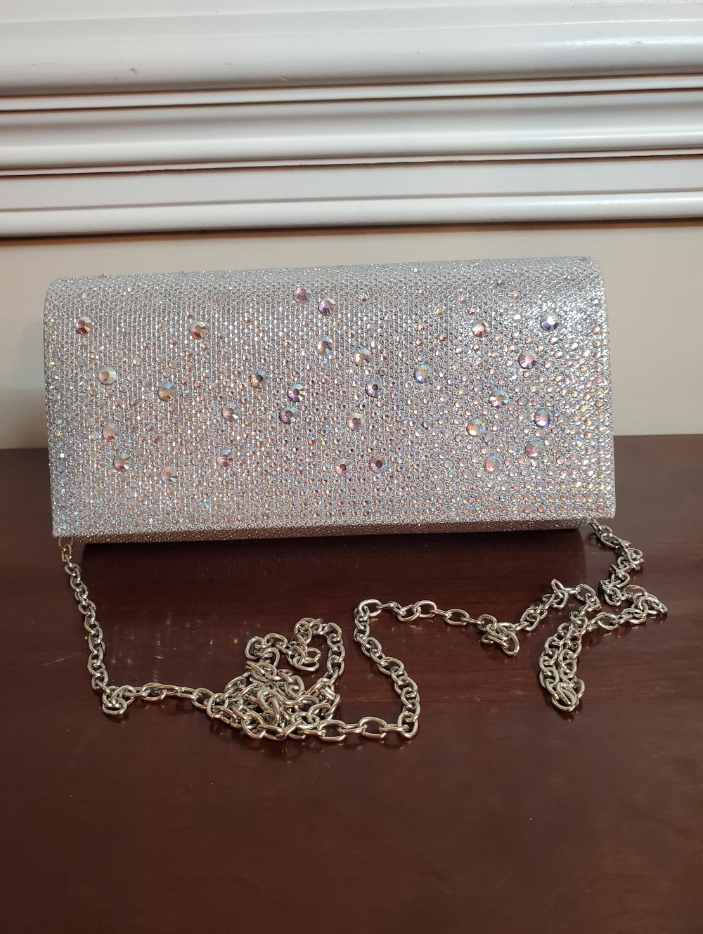 Jessica McClintock  Silver Sparkle Clutch with Chain